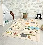 the carpet Happy Life Kinderzimmer, Kinderteppich, Spielteppich, Straßenteppich, Straße, Dschungel, Tiere, Auto, Beige, 80 x 150 cm