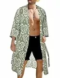 COOFANDY Leichter Kimono-Bademantel für Herren, japanische Bademäntel, vorne offen, lange Strickjacke, Umhang mit Gürtel, Grün / Weiß, Small