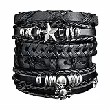 Yolev 6 Stück Lederarmband Herren Geflochten Breites Armband Schwarz Punk Rock Totenkopf Armbänder Set Herren Damen Geflochten Manschette Wrap Vintage Armband Längenverstellbar Geflochtenes Halloween