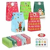 TOOELMON Geschenktüten Weihnachten, 50 Stück Klein Papiertüten Weihnachten mit Aufkleber, Bunt Kinder Geschenk Tüten Kraftpapier für Geschenke Mitgebsel Süßigkeiten Party
