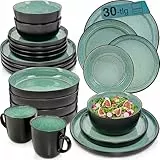 SÄNGER Fiji | Kombiservice 6 Personen, Teller Set Kaffeebecher Pastaschale 30 tlg, Steingut Geschirr Set spülmaschinen- mikrowellen- kratzfest, Geschirrset aus Steingut dunkelgrün | VALUE COLLECTION