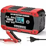 10A Autobatterie Ladegerät, 12V Smart vollautomatische KFZ Batterieladegerät, Temperaturkompensation Batterie ladegerät mit LCD-Display für Auto, LKW, Motorrad, Boot, Rasenmäher