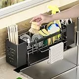 HEKOBAG Spülbecken Organizer Küche Spülorganizer Sink Organizer Schwarz Spülutensilien Organizer Metall Ordnungshelfer Spüle Küchenutensilienhalter mit Abflusspfanne Handtuchhalter für Badezimmer