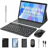 QDDQ 2025 New Android Tablet 2 in 1 Tablet, 10.1 inch Android 14 Tablet RAM 4GB+4GB Expanded ROM 64GB with Keyboard, Case, Mouse, and Stylus, 5MP+8MP Dual Camera, WiFi