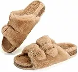Jifenkla Plüsch Einstellbar Flache Hausschuhe Damen, Winter Warme Pelzige Offene Zehenpartie Pantoffeln, Flauschige Kunstfell Schlappen, Beige, EU 41