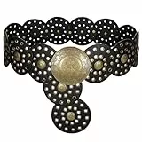 LEACOOLKEY Breite Gürtel Damen Scheibengürtel Vintage Boho Disc Ledergürtel Concho Western Taille Gürtel Cowgirl für Kleid Jeans Schwarz 120cm