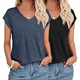 YUTILA 1/2er Pack Tshirt Damen Sommer Casual Basic Shirt Einfarbig Kurzarm Tee Tops Oberteile V Ausschnitt Locker Lässig T Shirt