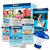 Veddelholzer Mini 4 in 1 Pool Reinigungsset & Spa Poolreiniger, Tester pH, Chlortabletten für Pool 2,7 g, ph minus, Skimmer zur Poolpflege für Anfänger mit Anleitung Perfekte Pool Reinigung & Whirpool
