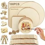 100 Stück Unvollendete Holzplatte zum Basteln, 7 Größe Rund Quadrat DIY Holzstücke Kombinationsse, 2mm Dicke Holzscheiben zum Basteln für Bastelarbeiten, Brandmalerei und Weihnachtsdekoration