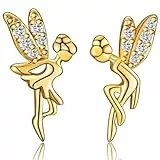 WOVEE Mädchen Ohrringe Gold 10mm Klein Elfen Feen Figuren Fairy Engel mit Flügeln Asymmetrische Ohrstecker Vergoldet AAA Zirkonia Geschenke für Mädchen