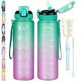 CodiCile Trinkflasche 1l mit Strohhalm, Wasserflasche Spülmaschinenfeste,Auslaufsichere Sport Trinkflasche mit Zeitmarkierung für Bottle Brush,Nicht giftig für Laufen, Radfahren, Gym, Schule