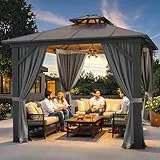 YITAHOME 3 x 3m Wasserdicht Polycarbonat Dach Pavillon mit Doppeldach,Netz und schattigen Vorhängen,Aluminium-Rahmen, Gartenzelt für Terrasse, Hinterhof, Deck und Rasen