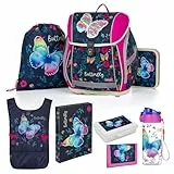 OXY BAG Schulranzen 8 TLG Ergonomische Schulranzen Set Schmetterling Sportbeutel Federmappe Kunstponcho Trinkflasche Snackbox Schulset mädchen für 1. - 3. Klasse Back to School