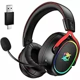 Ozeino 2.4GHz Wireless Gaming Headset für Pc, Ps4, Ps5, Mac, USB & Type-C Doppelanschlüsse Wireless Headset, Headset mit Mikrofon mit Geräuschunterdrückung, 25H+ Akkulaufzeit - Schwarz und Rot