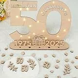I LOVE MOM 2025 Geburtstag Holz Frauen & Männer, 50 Goldene Hochzeit Originelle Geburtstag Geschenk mit LED Lampe und Klein Holz Liebesherz, Blätter, Zahlen Deko, für Geschenke, Hochzeitstag