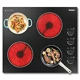 Karinear Glaskeramikkochfeld 4 Platten, Kochfeld Autarkes 60 cm, Drehknopf, Schwarz Matte Keramikglas, 6000W, 4 herdplatten, Automatische Abschaltung, Überhitzungsschutz, kein Stecker, 240V, 32A