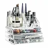 Relaxdays Make Up Organizer klein, 2-teilige Schminkaufbewahrung mit Schubladen, stapelbares Kosmetikregal, transparent