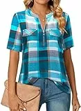 Amrto Damen Kurzarm Longbluse, Casual V-Ausschnitt T-Shirt Bluse mit Reißverschluss Kariert Kurzärmelige Shirt Longshirt Oberteil Tunika, Hellblau Kariert XXL