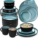 SÄNGER Vigo | Kombiservice 6 Personen, Teller Set Kaffeebecher Pastaschale 30 tlg, Steingut Geschirr Set spülmaschinen- mikrowellen- kratzfest, Geschirrset blau mit schwarzem Rand | VALUE COLLECTION