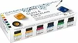 KREUL 16601 - Glass & Porcelain Set Clear, 6 x 20 ml in gelb, orange, rot, blau, grün und braun sowie ein Pinsel, transparente, glasklare Glas- und Porzellanmalfarbe auf Wasserbasis