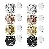 Airokiy Ohrringe mit Magnet Ohrringe Clips Damen Ohne Ohrlöcher Hypoallergene Edelstahl Magnet Ohrclips Silber Cubic Zirkonia 4 Paare 6mm