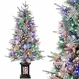 Weihnachtsbaum Künstlich mit Beleuchtung, 125cm 4ft Künstlicher Weihnachten Baum Schnee mit 150 Warmweiß & Mehrfarbigen LED Licht 9 Modi PVC Zweigspitzen Retro Schneeflocke Leuchtbasis für Haus Büro