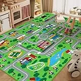 Capslpad Kinderteppich 150x200cm rutschfest Stadtplan Spielteppich Pädagogischer Spielteppich Maschinenwaschbar Kurzer Flor Autoteppich Kinder für Kinderzimmer Schlafzimmer Spielzimme Grün