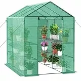Ribelli Foliengewächshaus, Gewächshaus mit Aufrollbarer Tür, Tomatengewächshaus 143x195x213 cm, 4 Regale Treibhaus, Winterfest PE-Gitterfolie, Gartenhaus für Pflanzen, Gemüse, Blumen, Grün
