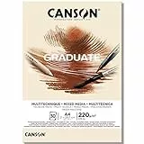 CANSON Graduate, Mixed Media Papier, zweiseitig: gekörnt und glatt, 220 g/m², an der kurzen Seite geleimter Block, DIN A4 21x29,7 cm, Natur, 30 Blatt
