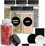Happy Lemuro Gewürzgläser Eckig 120ml [6er Set] Gewürzgläser mit Streueinsatz, Metalldeckeln, Labels in Schwarz | Gewürzbehälter Set, Gewürzaufbewahrung, Gewürz Organizer