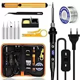 Lötkolben Set,80W LCD Lötkolben mit Einstellbar Temperatur 180-500°C,Ein/Aus Schalter,5 Wechselspitzen zum Löten,Entlötpumpe, Lötkolbenständer, Pinzette, Lötset für Elektrische Arbeiten.