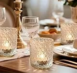 YBCPACK Teelichtgläser Vintage 12 Stück, Transparenter Windlichter Tischdeko, Teelichthalter Glas mit Geprägtem Rautenmuster für Hochzeit, Geburtstag