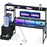 Coleshome Gaming Tisch mit Regal und Schubladen,161×48cm Gaming Schreibtisch mit LED-Beleuchtung & Steckdose, Computertisch mit Ablageflächen & Monitorständer, Carbon Fiber Schwarz