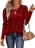 Aokosor Damen Strickpullover Elegant Rundhals Pullover Puffärmel Langarm Winterkleid Herbst Winter Oberteile Tops Rot XXL