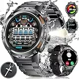 ESFOE Smartwatch Herren Militär mit Taschenlampe/530mAh Akku,1,43'' AMOLED Stahl Gear Smart Watch mit Telefonfunktion, 5ATM Wasserdicht Fitnessuhr Sportuhr mit 132 Sportmodi für Android iOS (2 Bänder)