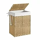 SONGMICS Wäschekorb, Wäschesammler 90 L, Wäschebox aus synthetischem Rattan, mit Deckel und Griffen, geflochten, faltbar, herausnehmbarer Wäschesack, pastellgelb LCB51NL