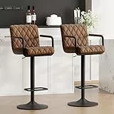 Ckaff Barhocker 2er Set, Barstühle Höhenverstellbar, 360° Drehbare Küchenhocker mit Armlehnen, Rückenlehne und Fußstütze,Barstuhl aus PU-Leder für Küche Wohnzimmer Esszimmer, Gelbbraun