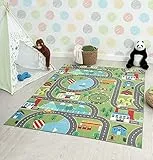 the carpet Happy Life – Kinderteppich Spielteppich Straßen- und Stadtmotiv mit Auto, rutschfest & pflegeleicht, ideal fürs Kinderzimmer, Grün, 160 x 220 cm