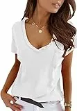 Imily Bela Damen T-Shirt Kurzarm V Ausschnitt Sexy Sommer Oberteile Tops Tunika Casual Tee Locker(Weiß,S)
