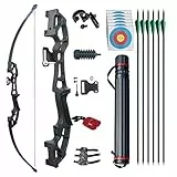 D&Q Pfeil und Bogen Set Bogenschießen für Erwachsene Recurve Bogen rechte Hand 50 Zoll 30 Pfund 40 Pfund mit 6 Stück Gemischter Carbonpfeil (Schwarz, 30LB)