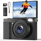 4K Digitalkamera 64MP AutoFokus Fotokamera: 16X Digitalzoom 180° Klapp 3IPS Bildschirm 32GB Karte für Vlog - Schwarz Webcam Kamera für Kid Teens Anfänger Erwachsene