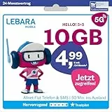 LEBARA Handytarif Hello! 5+5 | 10 GB Datenvolumen | 4,99€ mtl. | 5G mit bis zu 50 Mbit/s | Allnet-Flat Telefonie & SMS Deutschland inkl. EU-Roaming | 50 Auslandsminuten