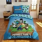 Minecraft Kinderbettwäsche Set - Bettbezug 140x200 cm + Kissenbezug 63x63 cm - 100% Polyester Ultra Weich - Wendbar Design mit Steve, Alex & Creepers - Oeko-Tex Standard 100 Zertifiziert