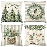 Bseical 4 Stück Kissenbezug Weihnachten, Weihnachtskissenbezug 45x45 cm, Leinen Look Kissenbezüge mit Weihnachtsbaum Muster, Weihnachtsdeko für Wohnzimmer Schlafzimmer Auto (D)