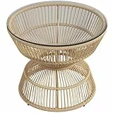 Outsunny Beistelltisch Rattan, Ø60 cm Couchtisch Gartentisch mit Tischplatte aus Hartglas, Balkontisch im Boho-Design, Kaffeetisch für Garten, Balkon, Naturholz