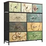 WLIVE Kommode mit 9 Schubladen aus Stoff, Kommodenschrank für Schlafzimmer, Kommode Wohnzimmer, mit Stabiler Stahlrahmen, Vintage-Druck