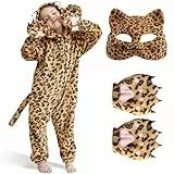 Joellfuner Leoparden Kostüm Kinder, Gepard Onesie mit Maske und Krallen, Weicher Flanell Tier Pyjama für Mädchen Jungen 4-12Jahren, Faschingskostüm Set für Karneval Thema Party Cosplay (120)