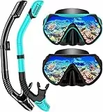 Schnorchelset Erwachsene, Schnorcheln Set mit Anti-Fog Taucherbrille und Dry Schnorchel, Professionelle Schnorchelmaske Tauchmaske aus Gehärtetem Glas für Schnorcheln (Black+Green)