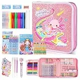 JYPS Axolotl Malset für Kinder, 73 Stück Malstifte Buntstifte Set Mädchen 4 5 6 7 8-12 Jahre, Malkoffer Set mit Malbuch, Marker, Wachsmalstifte, Kunstset Schreibwaren Set für Schreiben und Malen