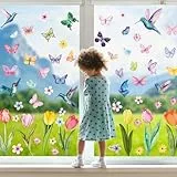 BBLIKE Fensterbilder Frühling 8 Blätter Fenstersticker Frühling Ostern Selbstklebend Schmetterling Kolibri Tulpe Pilz Fensteraufkleber Wiederverwendbare für Fensterdeko Kinderzimmer Party Zubehör